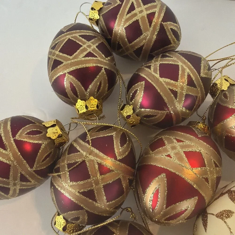 12 Shatterproof Egg Christmas Ornaments Burgundy White Gold Glittered Floral Lot